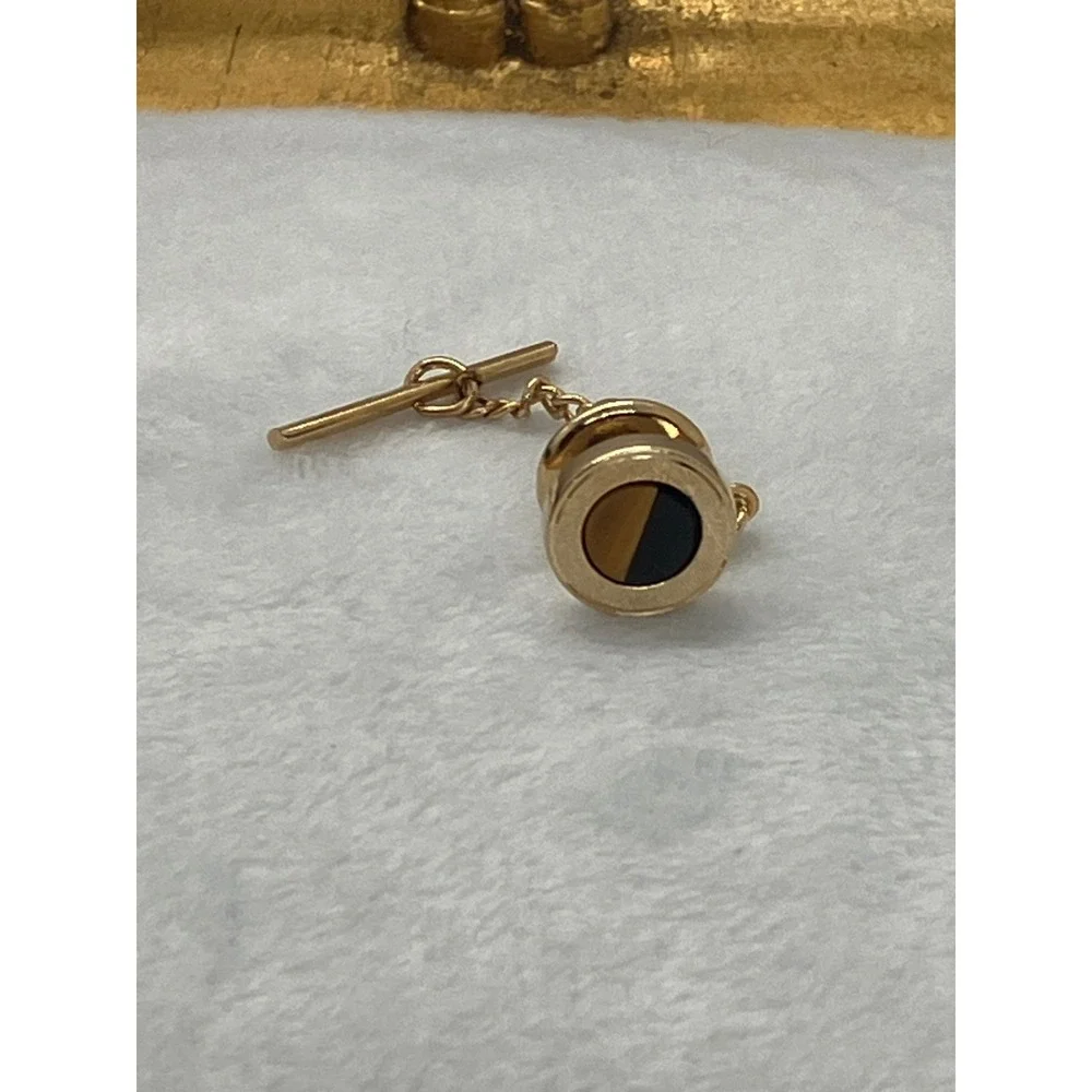 Vtg Gold Tone Tigers Eye/ Onyx Tie Tack Pin Old Money MCM‎ Estate
